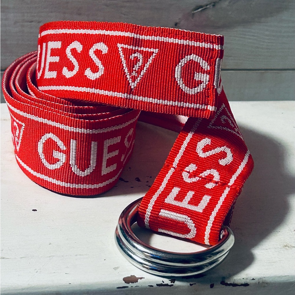 Guess Red & White Belt  Logo Fabric Y2K Fashion